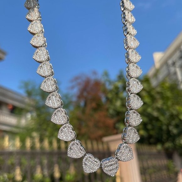 Baguette Crushed Heart Necklace Iced Out Choker Micro Pave Prong Setting Chain - Picture 8 of 9